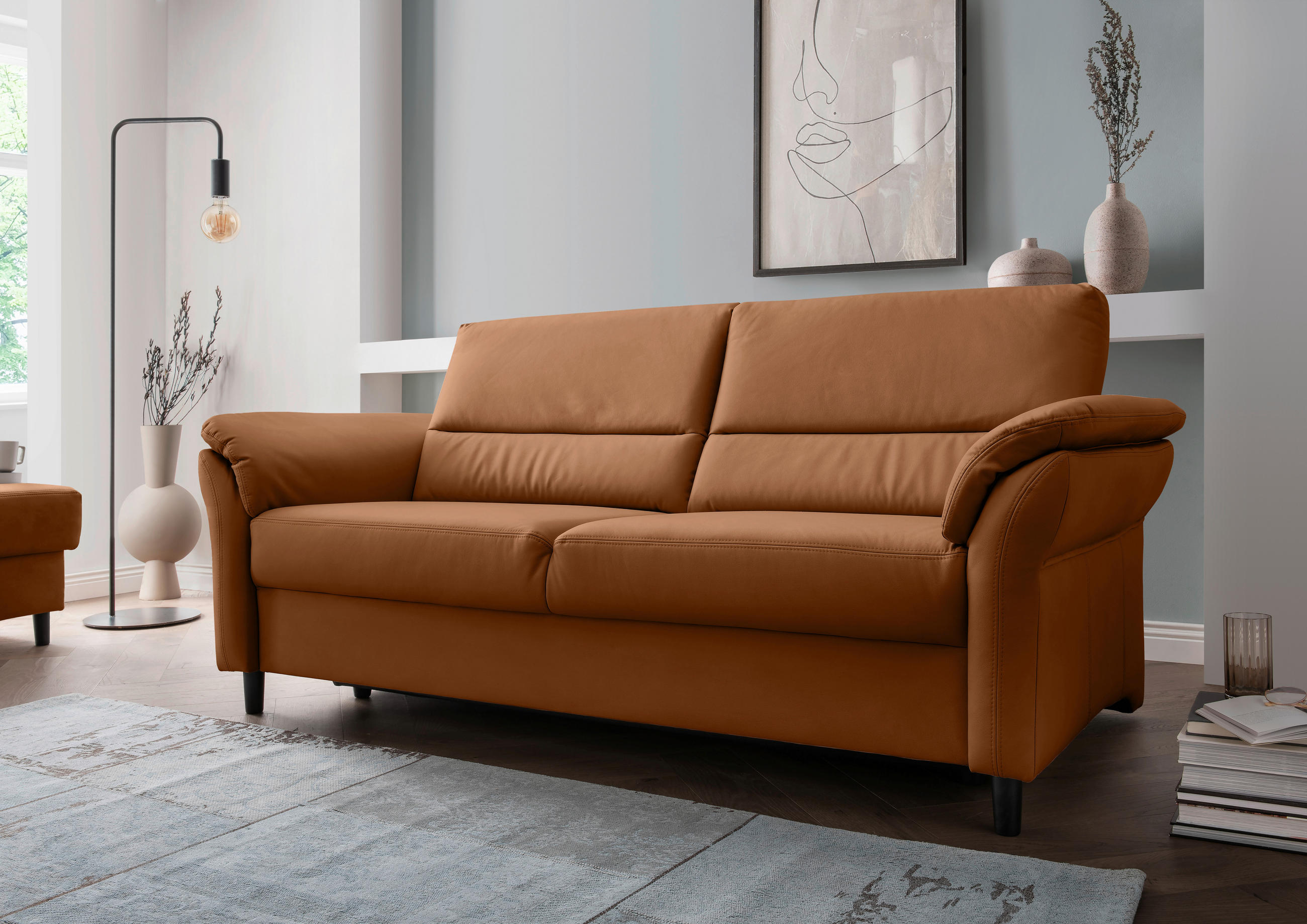 3-SITZER-SOFA in Lederlook Cognac - Cognac/Schwarz, Modern, Holz/Textil (192/90/89cm) - Livetastic