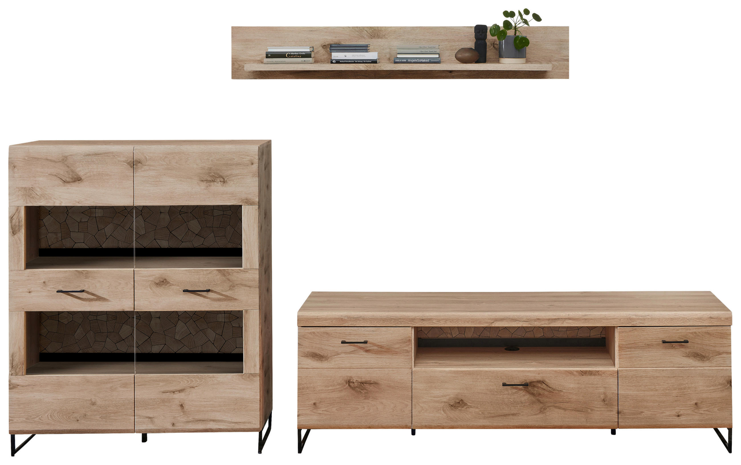WOHNWAND Schwarz, Eichefarben Einlegeböden - Eichefarben/Schwarz, KONVENTIONELL, Glas/Holzwerkstoff (315/185/48cm) - Stylife