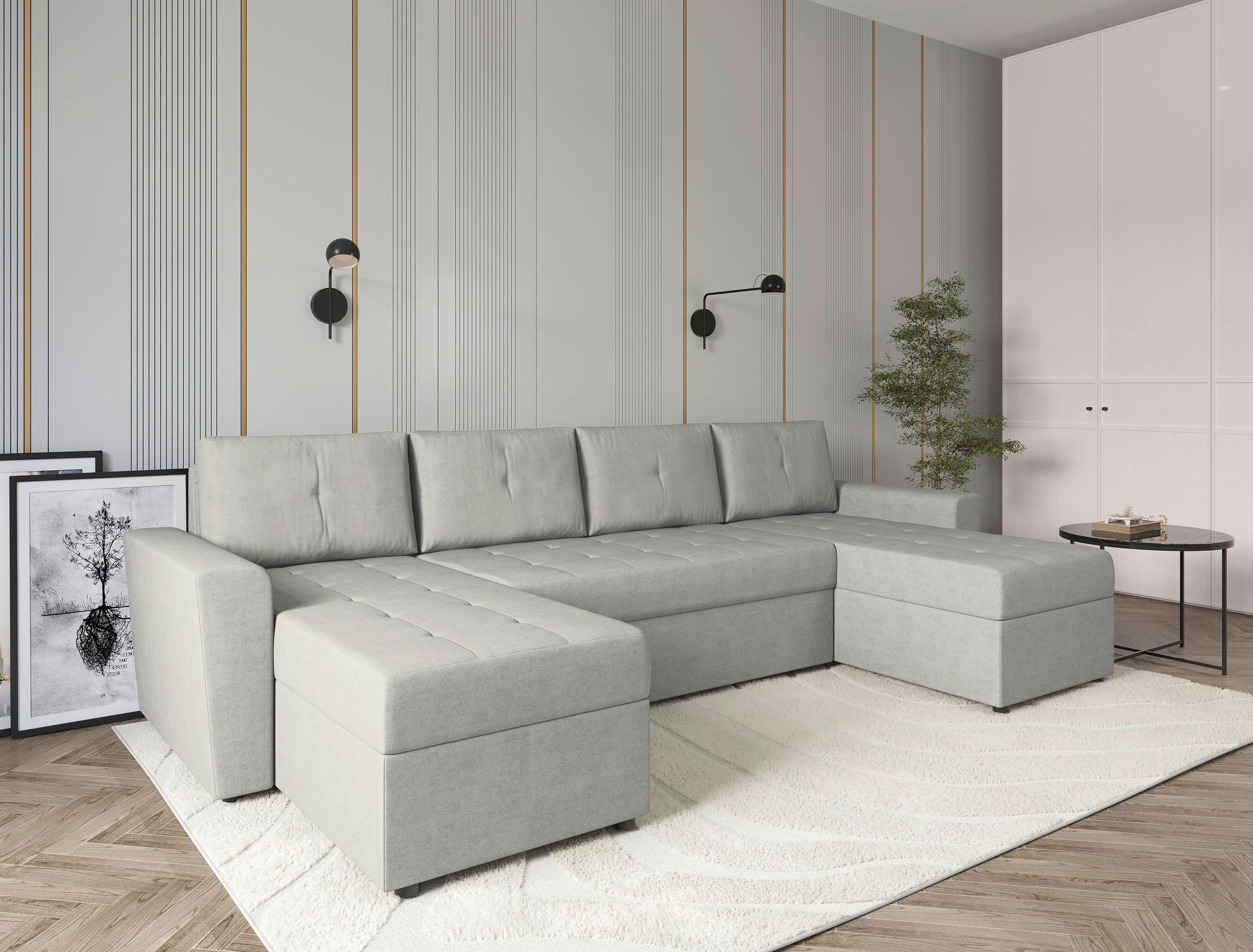 WOHNLANDSCHAFT TERMOLI Hellgrau Jacquard  - Hellgrau/Schwarz, Design, Kunststoff/Textil (155/296/155cm) - MID.YOU