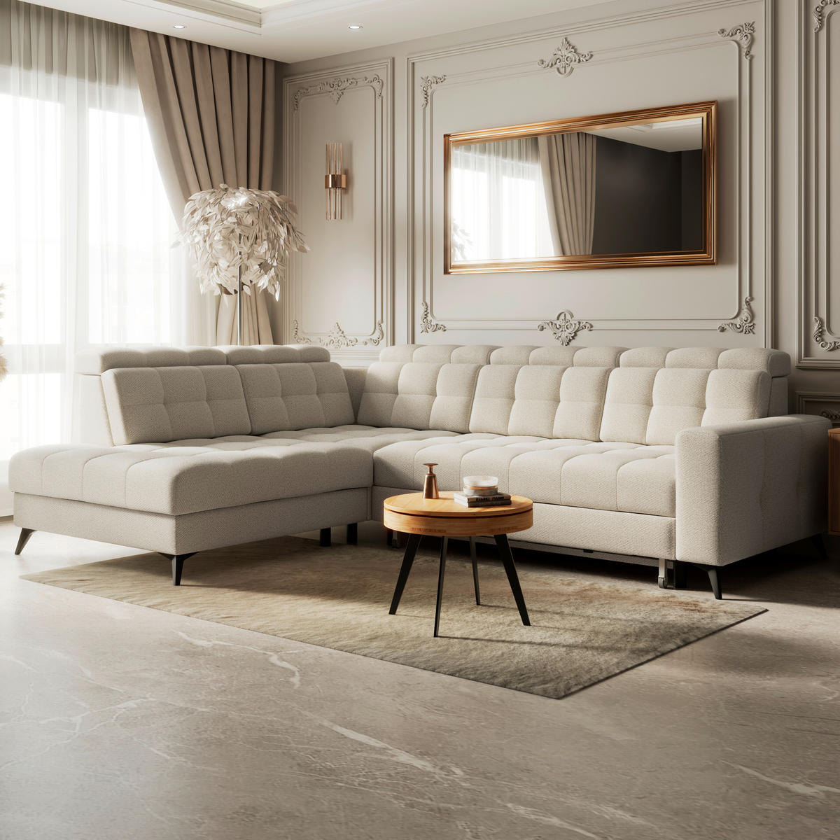 ECKSOFA BARLETTA NEW Creme Velours Bettkasten, Kopfteilverstellung, Sitztiefenverstellung, Liegefläche im Originalstoff  - Creme/Schwarz, ROMANTIK / LANDHAUS, Textil/Metall (228/289cm) - MID.YOU