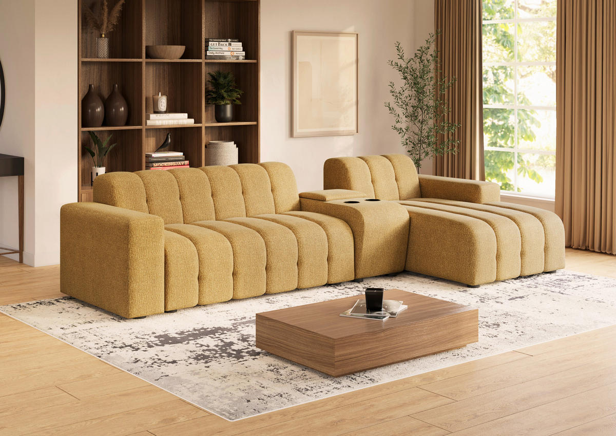 ECKSOFA Bernsteinfarben Chenille Stauraum, Getränkehalter  - Bernsteinfarben/Schwarz, MODERN, Kunststoff/Textil (299/150cm) - Milino
