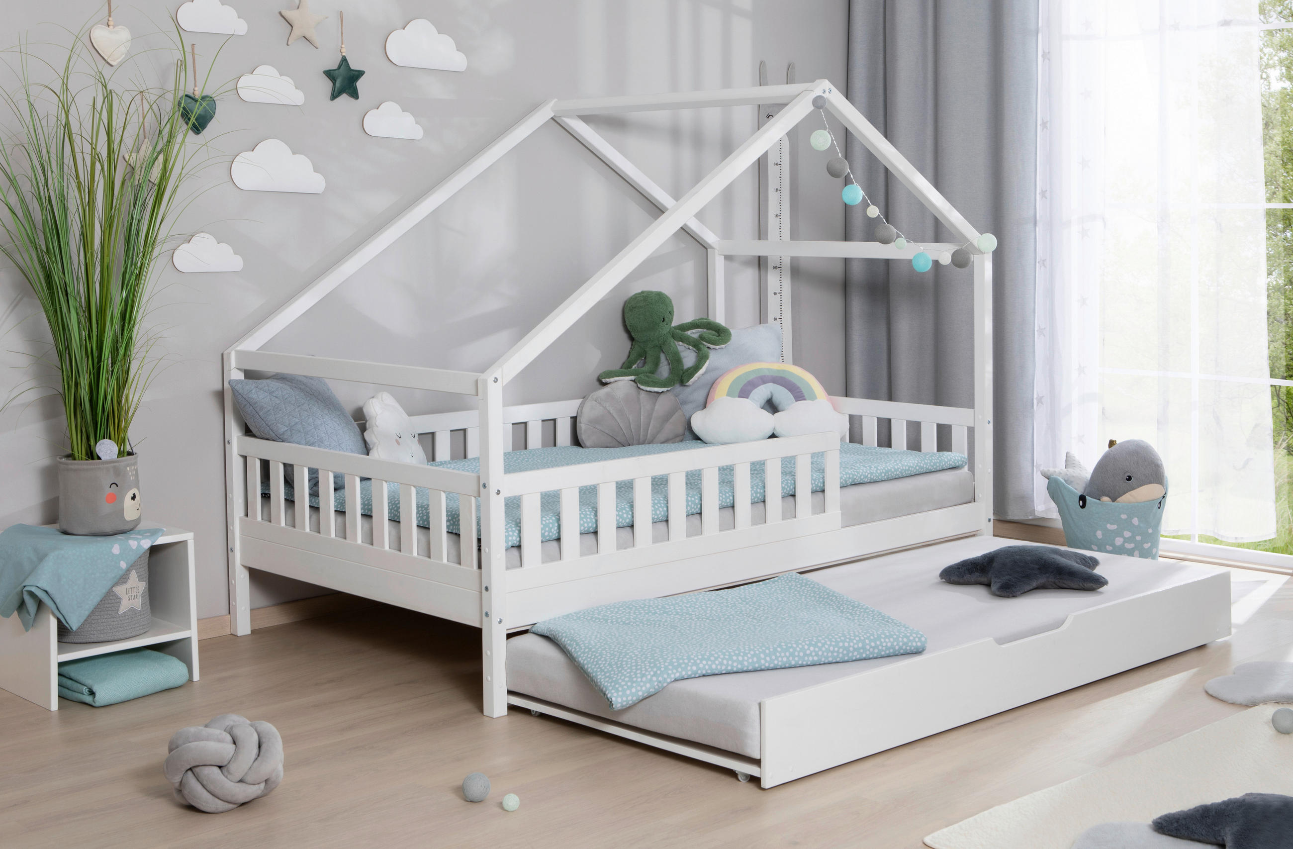 HAUSBETT Absturzsicherung, Matratze, Rollrost, Bettkasten 120/200 cm  - Weiß/Naturfarben, MODERN, Holz/Textil (120/200cm) - MID.YOU