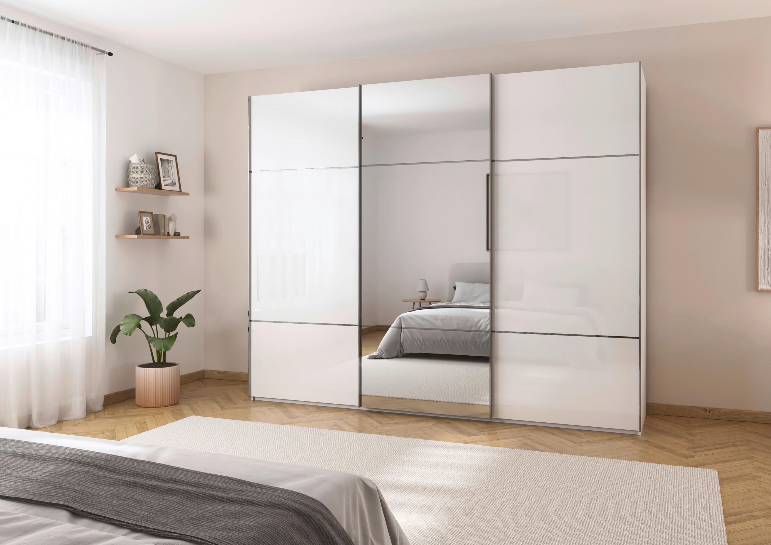 SCHWEBETÜRENSCHRANK 301/223/68 cm 3-türig Weiß - Chromfarben/Weiß, KONVENTIONELL, Glas/Holzwerkstoff (301/223/68cm) - Novel