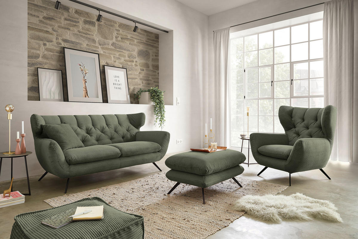 CHESTERFIELD-SOFA Cord Grün  - Schwarz/Grün, MODERN, Textil/Metall (160/94/95cm) - Pure Home Lifestyle