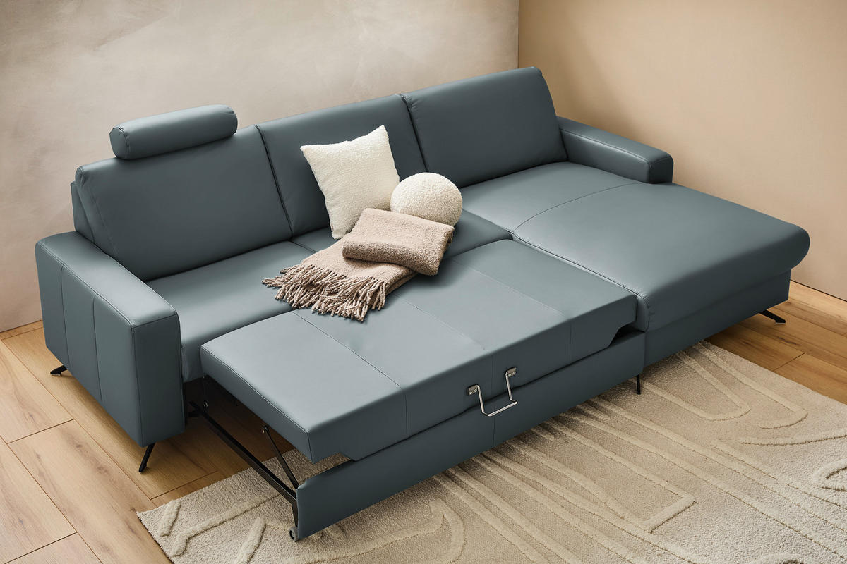 ECKSOFA in Echtleder Blaugrau  - Blaugrau/Schwarz, Design, Leder/Metall (267/165cm) - Lomoco