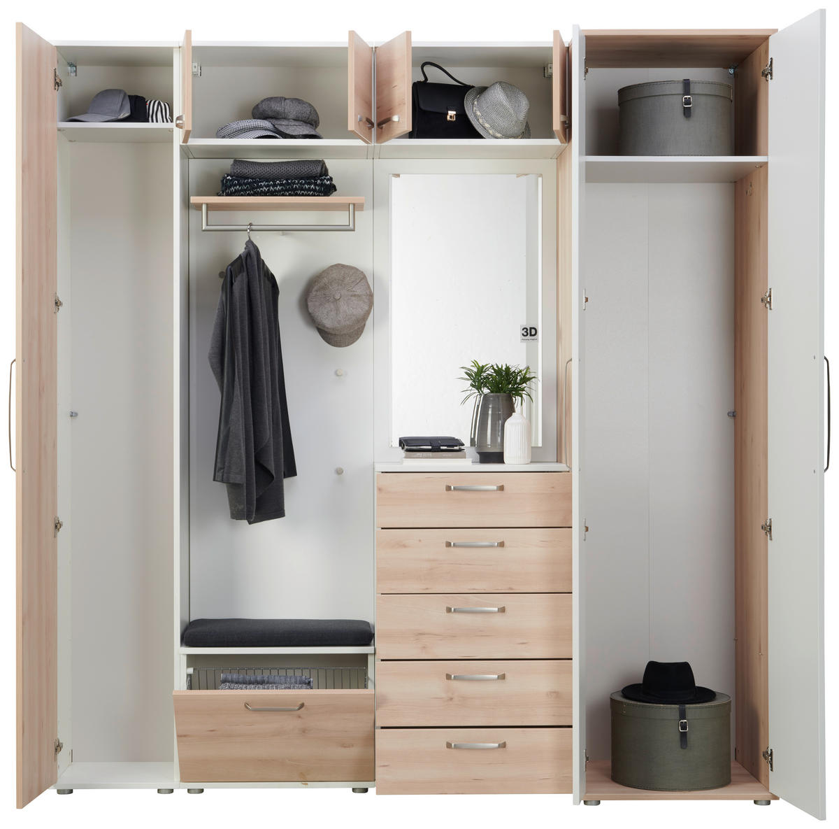 GARDEROBE 8-teilig  in 221/233/56 cm  - Buchefarben/Weiß, Design, Holzwerkstoff (221/233/56cm) - Moderano