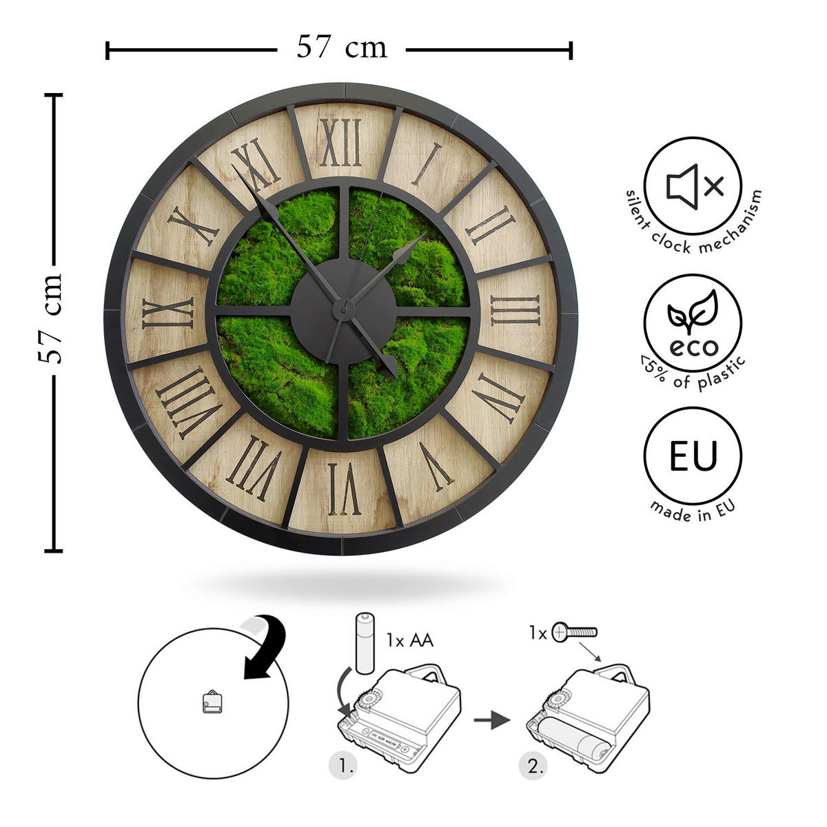 WANDUHR - Schwarz, Eichefarben, Dunkelgrün  - Dunkelgrün/Eichefarben, Basics, Holz/Kunststoff (57cm)
