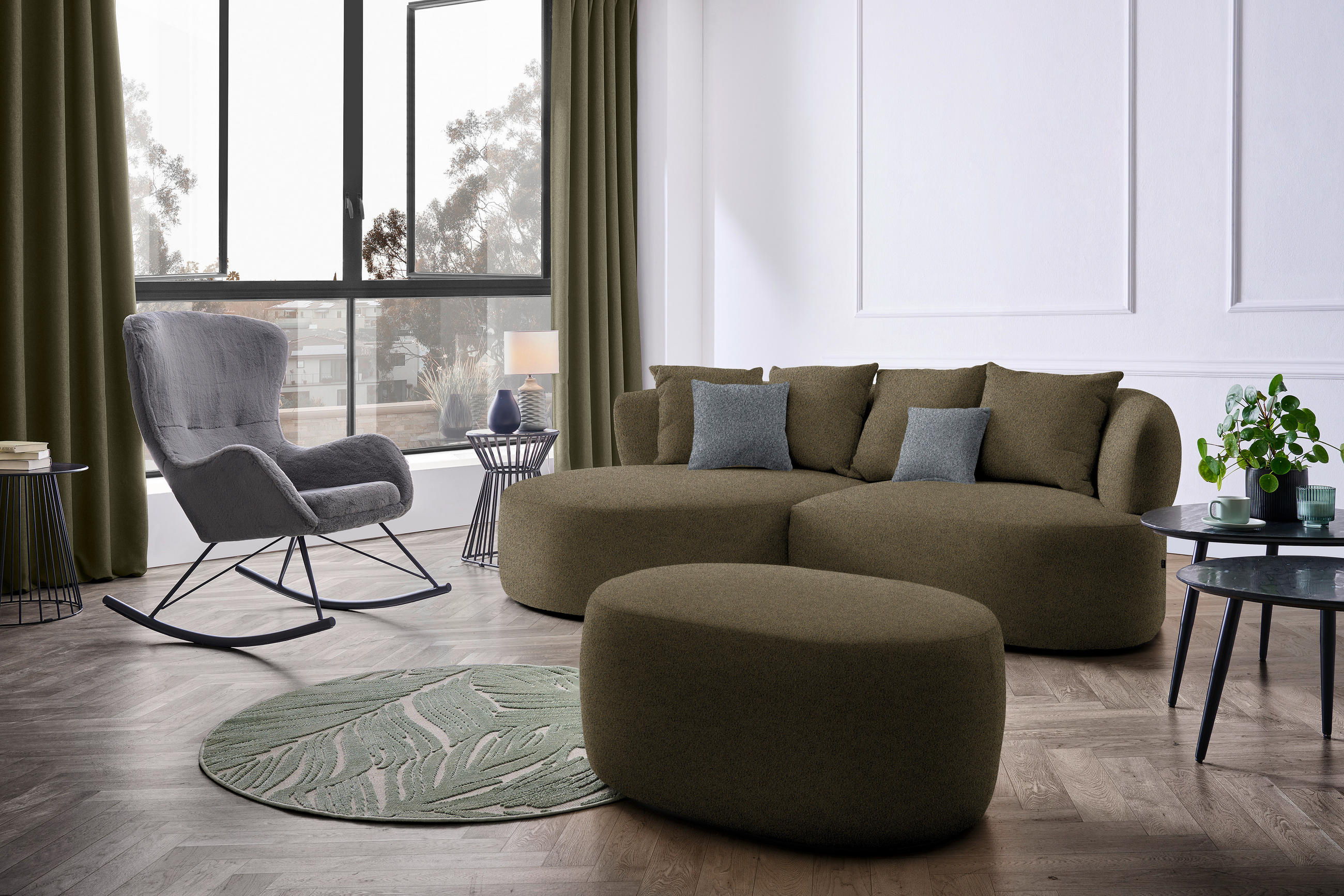 ECKSOFA in Bouclé Olivgrün  166/235 cm  - Schwarz/Olivgrün, MODERN, Kunststoff/Textil (166/235cm) - Hom`in