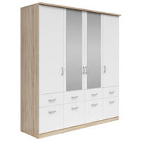 KLEIDERSCHRANK 181/199/58 cm 4-türig Weiß, Sonoma Eiche  - Silberfarben/Weiß, KONVENTIONELL, Glas/Holzwerkstoff (181/199/58cm) - Boxxx