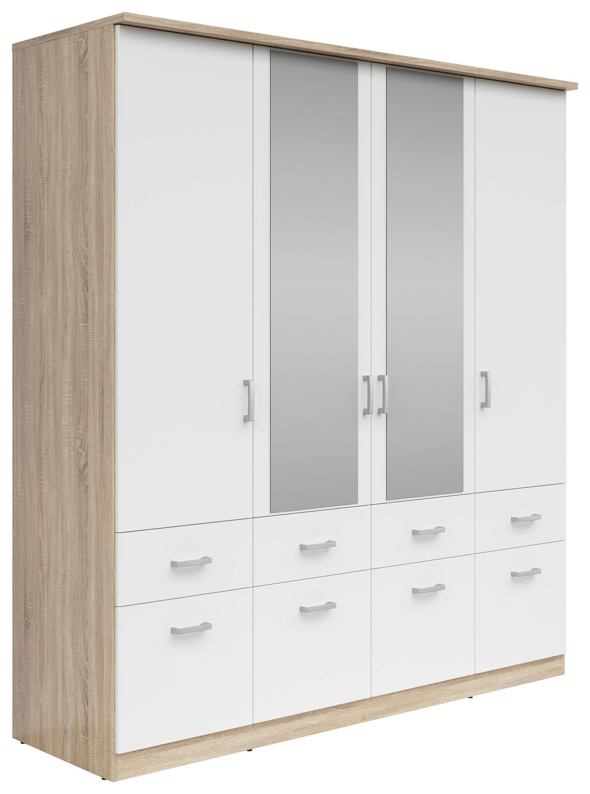 KLEIDERSCHRANK 181/199/58 cm 4-türig Weiß, Sonoma Eiche  - Silberfarben/Weiß, KONVENTIONELL, Glas/Holzwerkstoff (181/199/58cm) - Boxxx