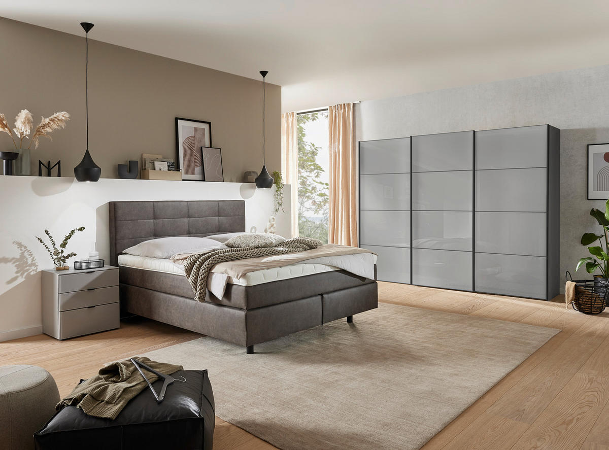 BOXSPRINGBETT 180/200 cm,  in Schlammfarben, Matratze, gepolstertes Kopfteil, Topper, H2 + H3 = mittel + fest  - Chromfarben/Schlammfarben, KONVENTIONELL, Kunststoff/Textil (180/200cm) - Voleo