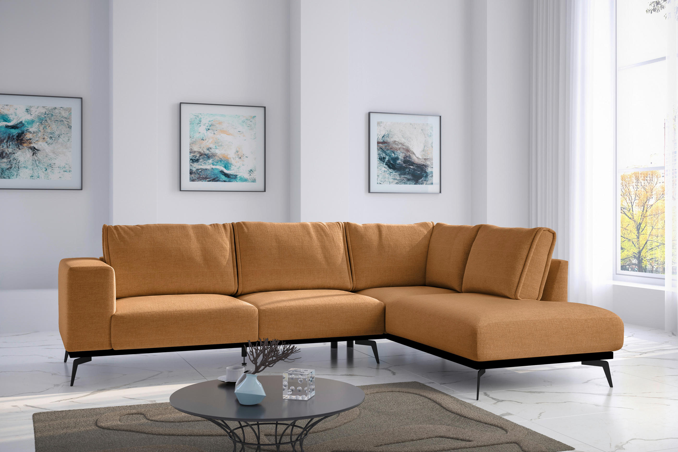 ECKSOFA Orange beflockt  - Schwarz/Orange, Design, Holz/Textil (293/200cm) - MID.YOU