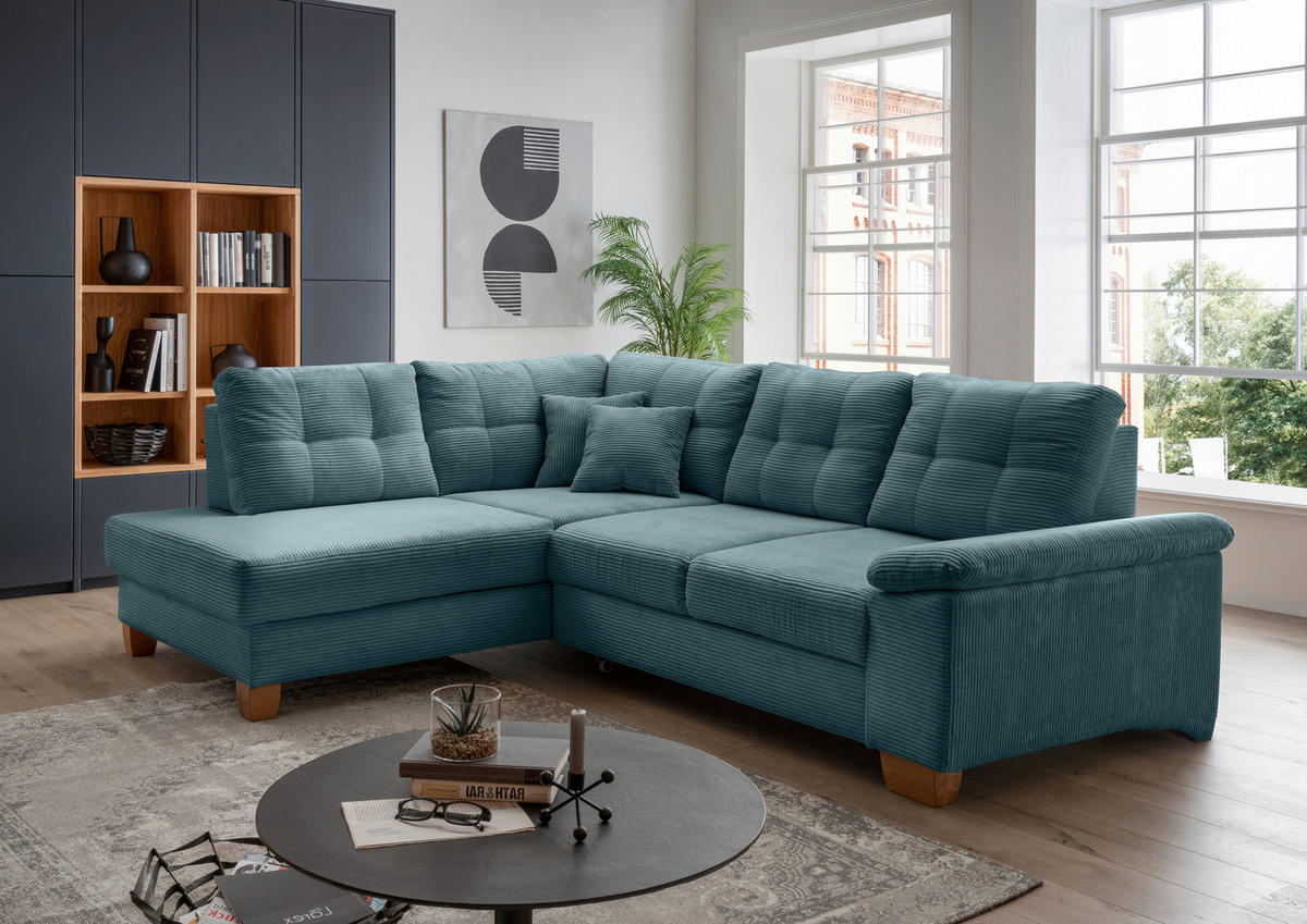 ECKSOFA in Cord Petrol  - Petrol/Naturfarben, Modern, Holz/Textil (206/274cm) - Livetastic