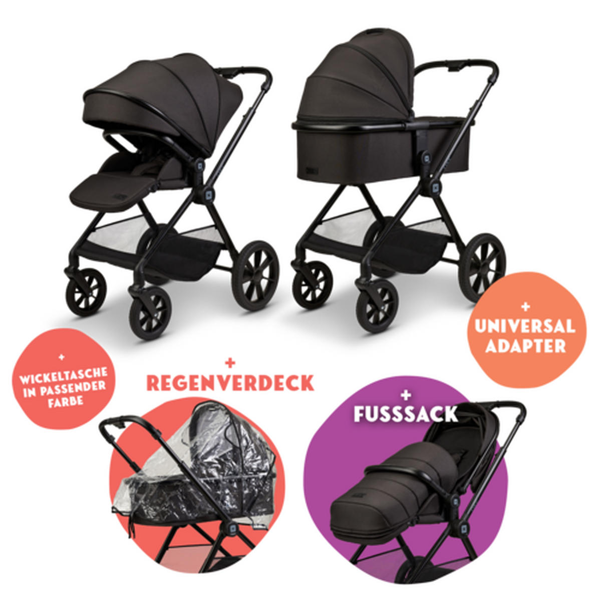 KINDERWAGENSET CLICC  - Schwarz, Basics, Textil/Metall (61/114/84cm) - Moon