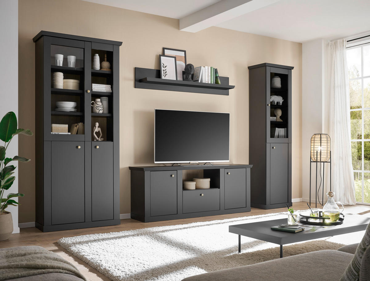 WOHNWAND 4-teilig  in Schwarz, Eichefarben  319/200/42 cm  - Eichefarben/Messingfarben, Design, Holzwerkstoff/Metall (319/200/42cm) - MID.YOU