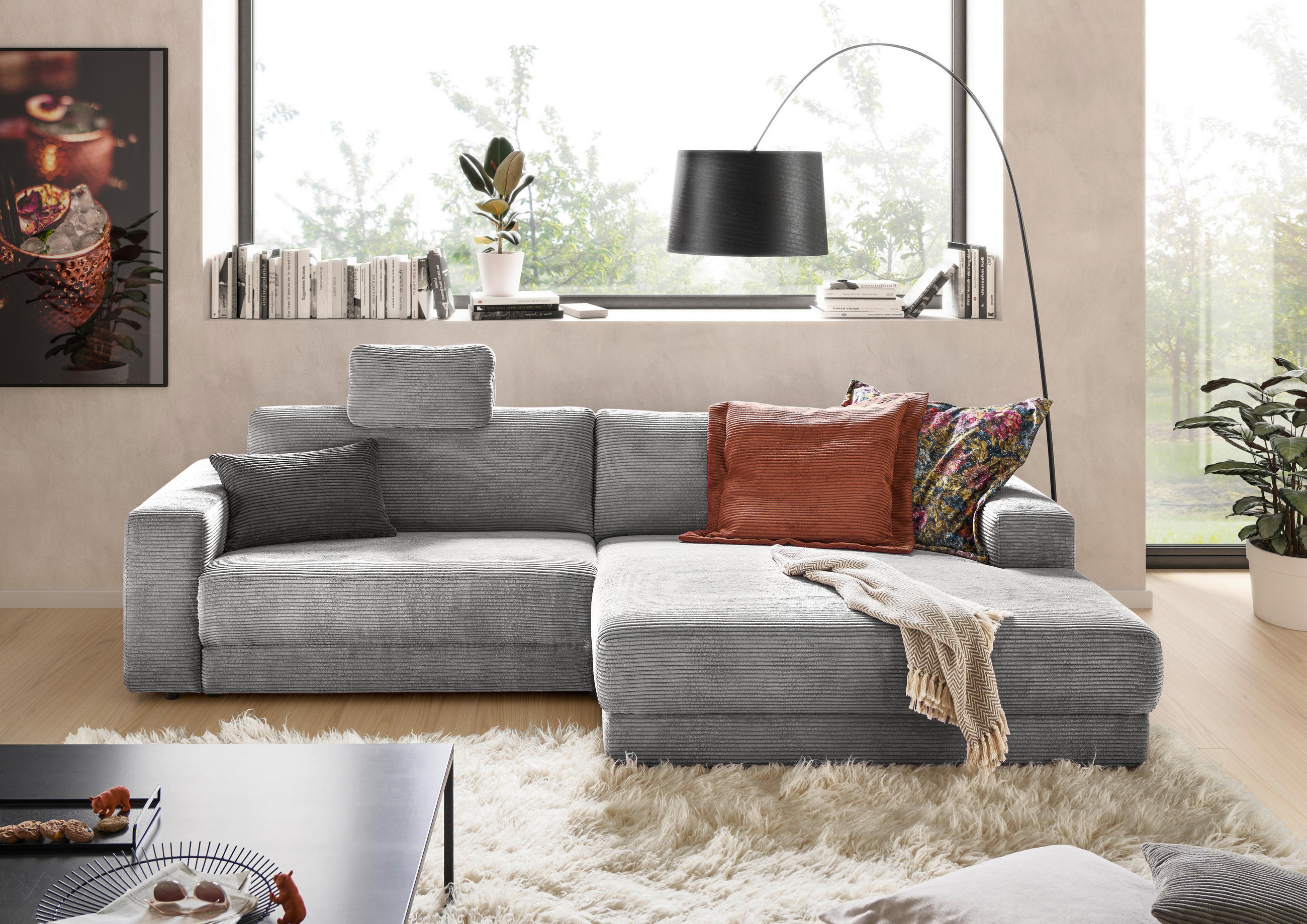 ECKSOFA in Cord Dunkelgrau  - Dunkelgrau/Schwarz, Design, Kunststoff/Textil (296/168cm) - Pure Home Lifestyle