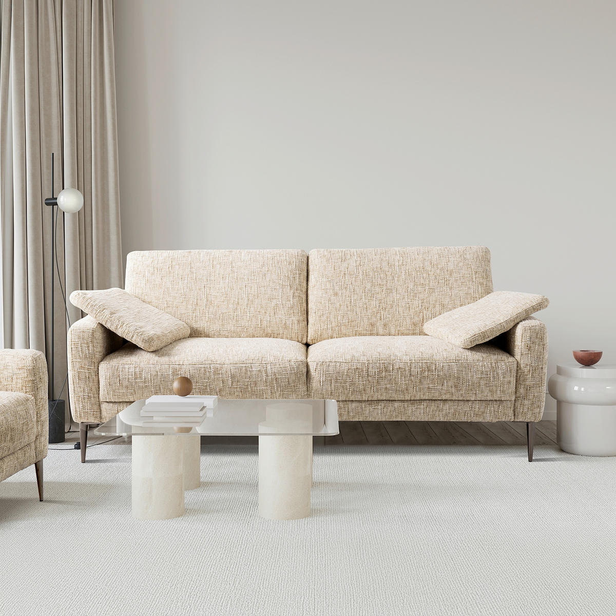 3,5-SITZER - Beige/Schwarzchrom, Design, Textil/Metall (207/85/92cm) - Livetastic