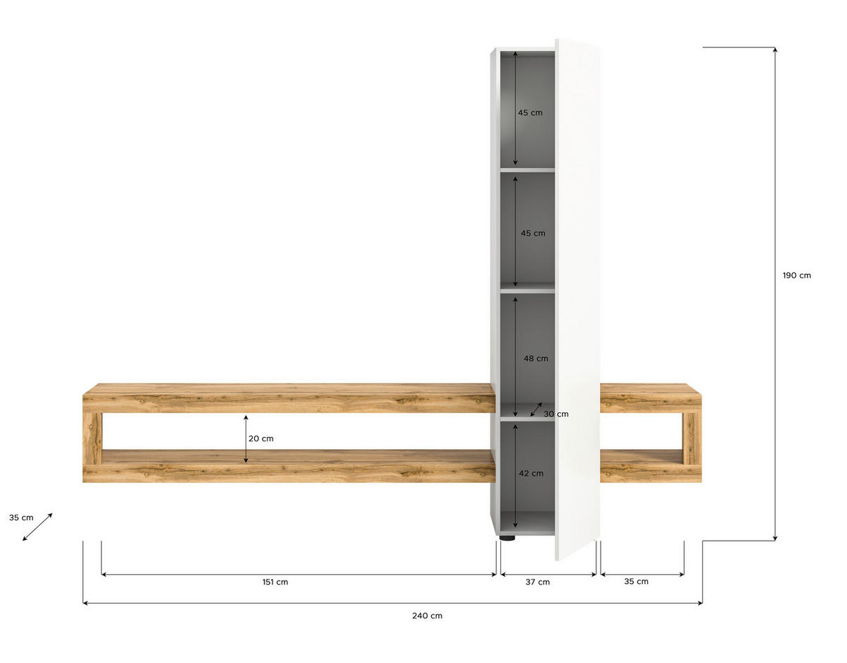 WOHNWAND 2-teilig  in Eiche Wotan  240/190/35 cm  - Eiche Wotan/Schwarz, Design, Holzwerkstoff/Kunststoff (240/190/35cm) - MID.YOU