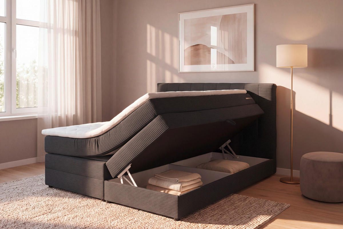 BOXSPRINGBETT 140/200 cm,  in Anthrazit, gepolstertes Kopfteil, Bettkasten, Topper, Matratzen, H2 + H2 = mittel  - Anthrazit/Schwarz, Basics, Kunststoff/Textil (140/200cm) - Boxxx