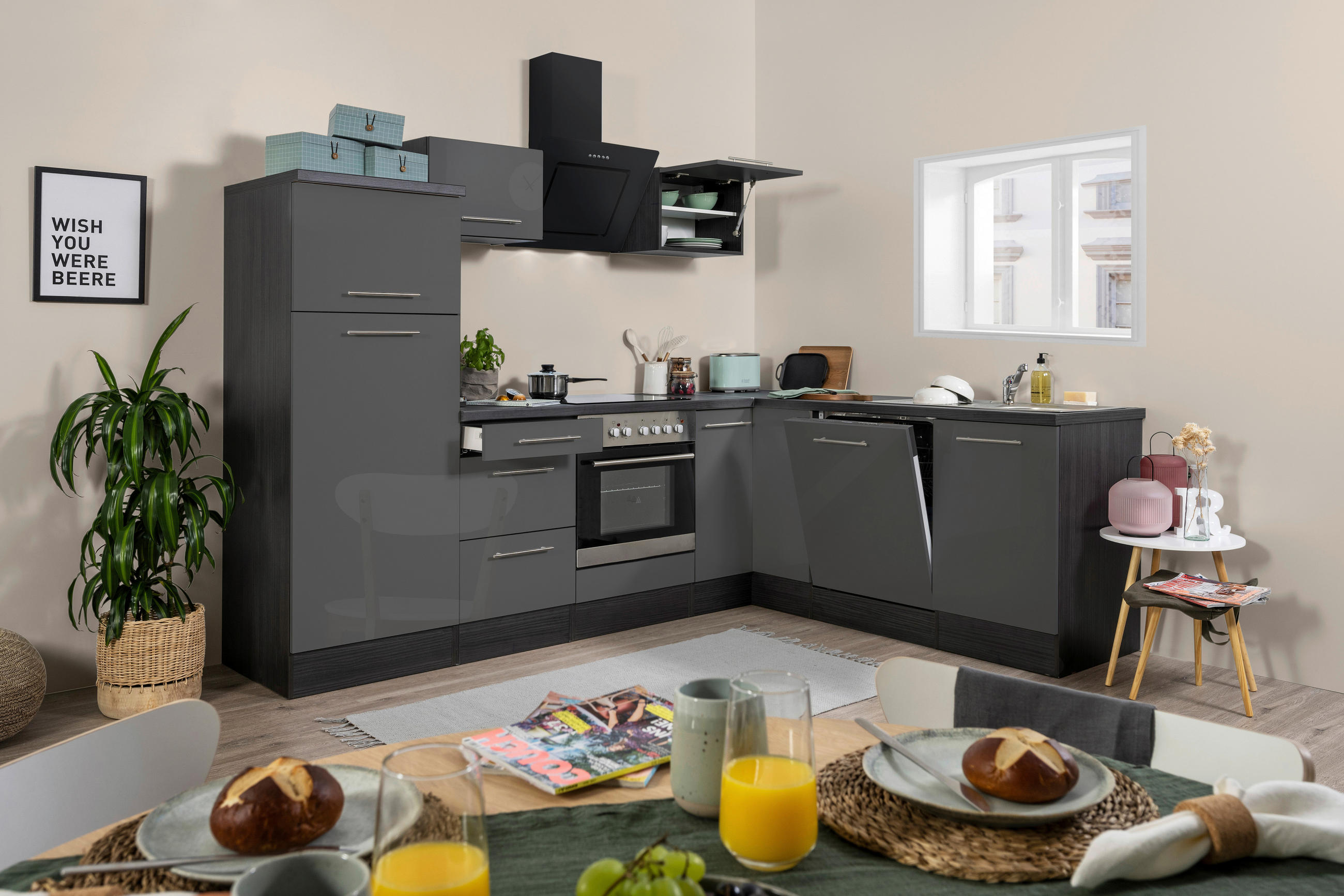 ECKKÜCHE 260/200 cm Grau E-Geräte, Spüle, Soft-Close-System, Geschirrspülerblende, Ab- und Überlaufgarnitur - Eichefarben/Alufarben, KONVENTIONELL (260/200cm) - Respekta