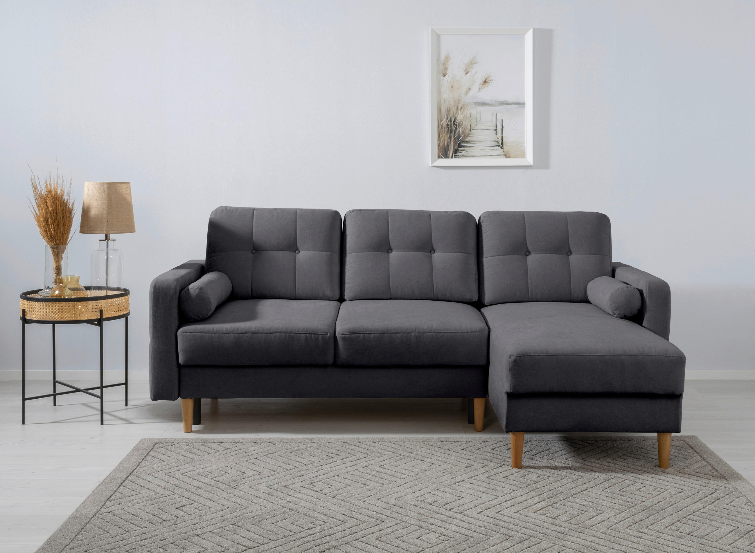 ECKSOFA Noret in Dunkelgrau - Dunkelgrau/Buchefarben, Design, Holz/Textil (223/157cm) - MID.YOU