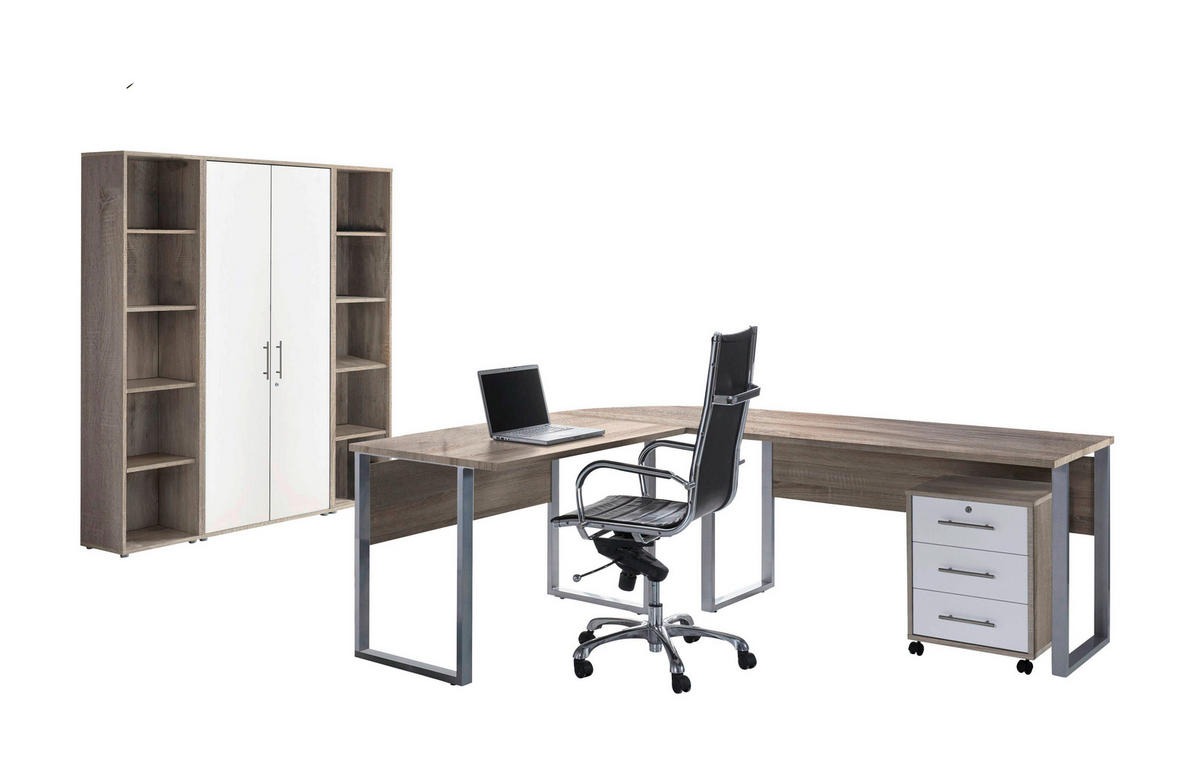 BÜRO erweiterbar, in verschiedenen Holz-Dekoren erhältlich, Schreibtisch seitenverkehrt montierbar, abschließbar Weiß, Sonoma Eiche - Weiß/Sonoma Eiche, MODERN, Holzwerkstoff - MID.YOU
