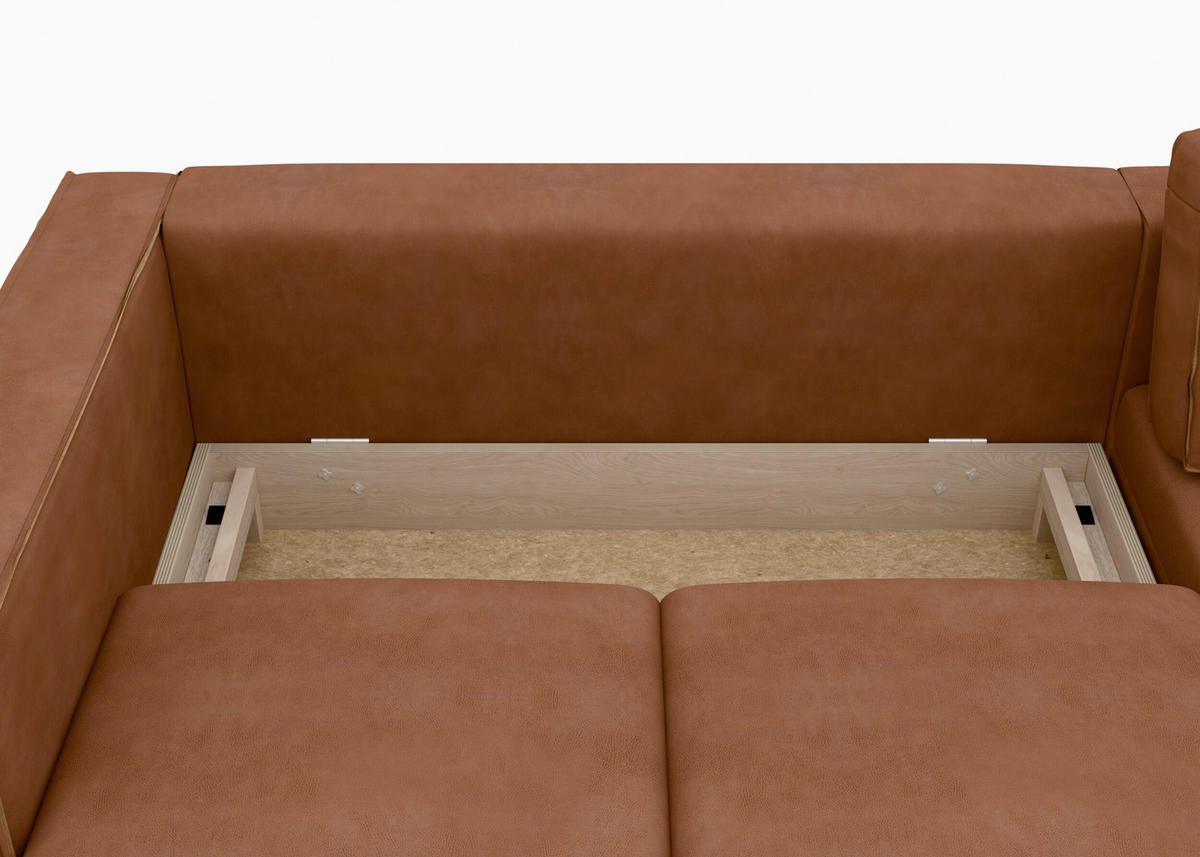 ECKSCHLAFSOFA Lederlook, Mikrofaser Echtleder Cognac  - Cognac/Schwarz, Modern, Leder/Textil (232/161cm) - Trendmanufaktur