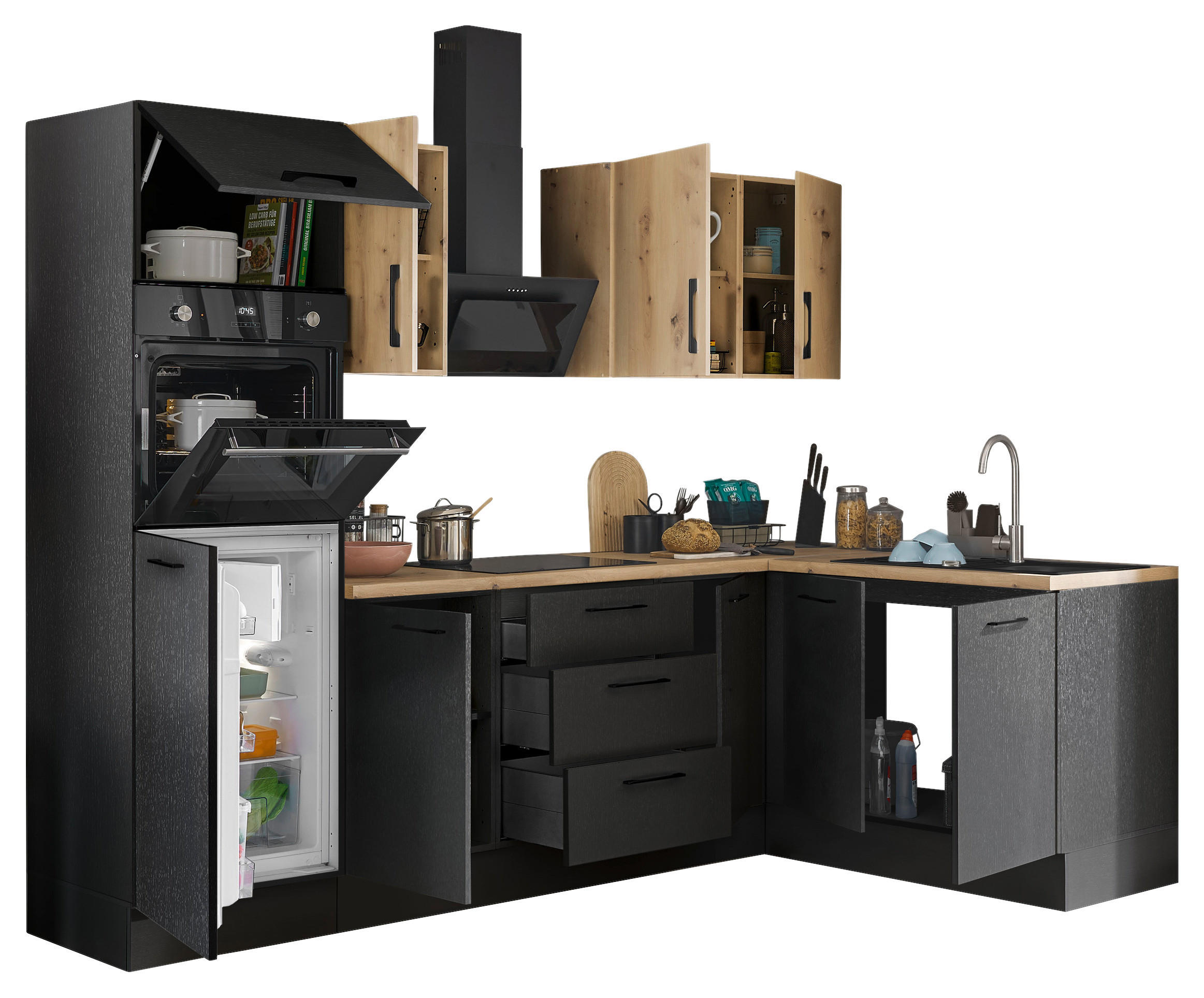 Thumbnail - Mid.you Eckküche, Schwarz, Eiche Artisan, Metall, 1 Schublade(n),3 Schublade(n) Schubladen, seitenverkehrt montierbar, L...