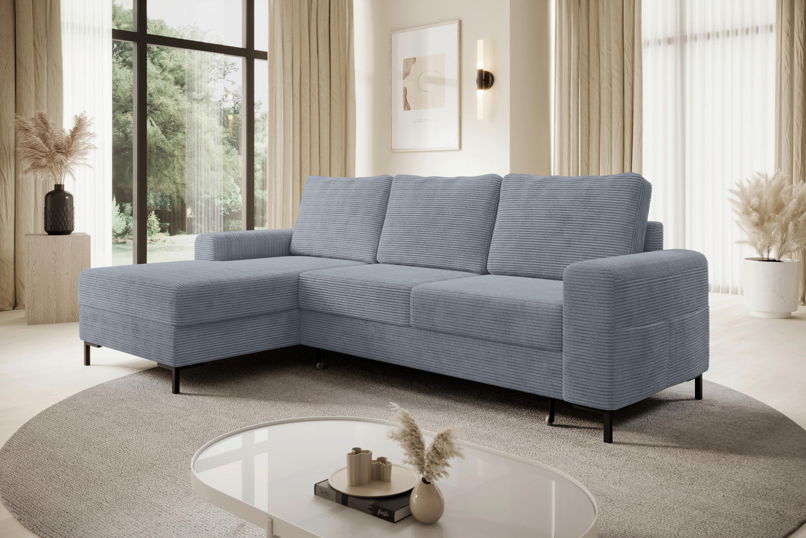 ECKSOFA Dunkelgrau Cord  - Dunkelgrau/Schwarz, KONVENTIONELL, Textil/Metall (150/240cm) - Carryhome