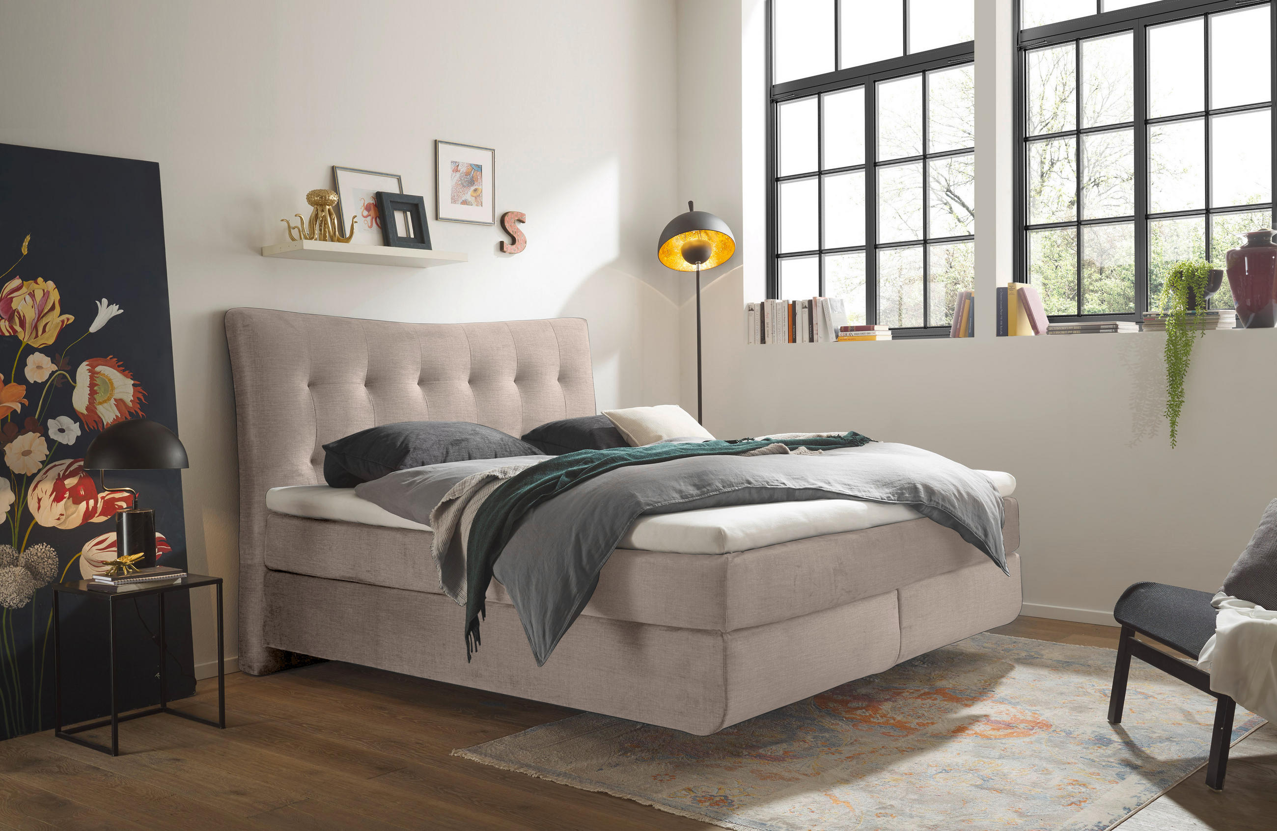 BOXSPRINGBETT 180/200 cm  in Creme  - Creme/Schwarz, Basics, Holzwerkstoff/Kunststoff (180/200cm) - Esposa