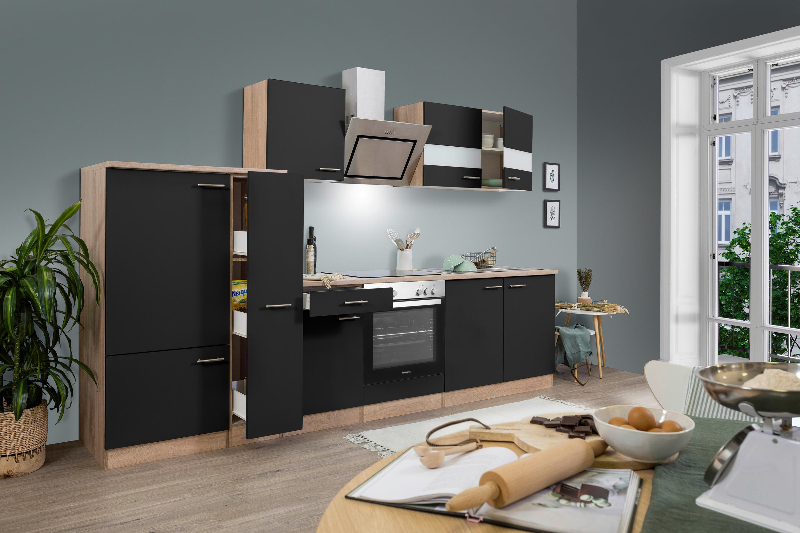 KÜCHENBLOCK 300 cm   in Schwarz  - Edelstahlfarben/Eichefarben, Basics, Holzwerkstoff/Metall (300cm) - Respekta