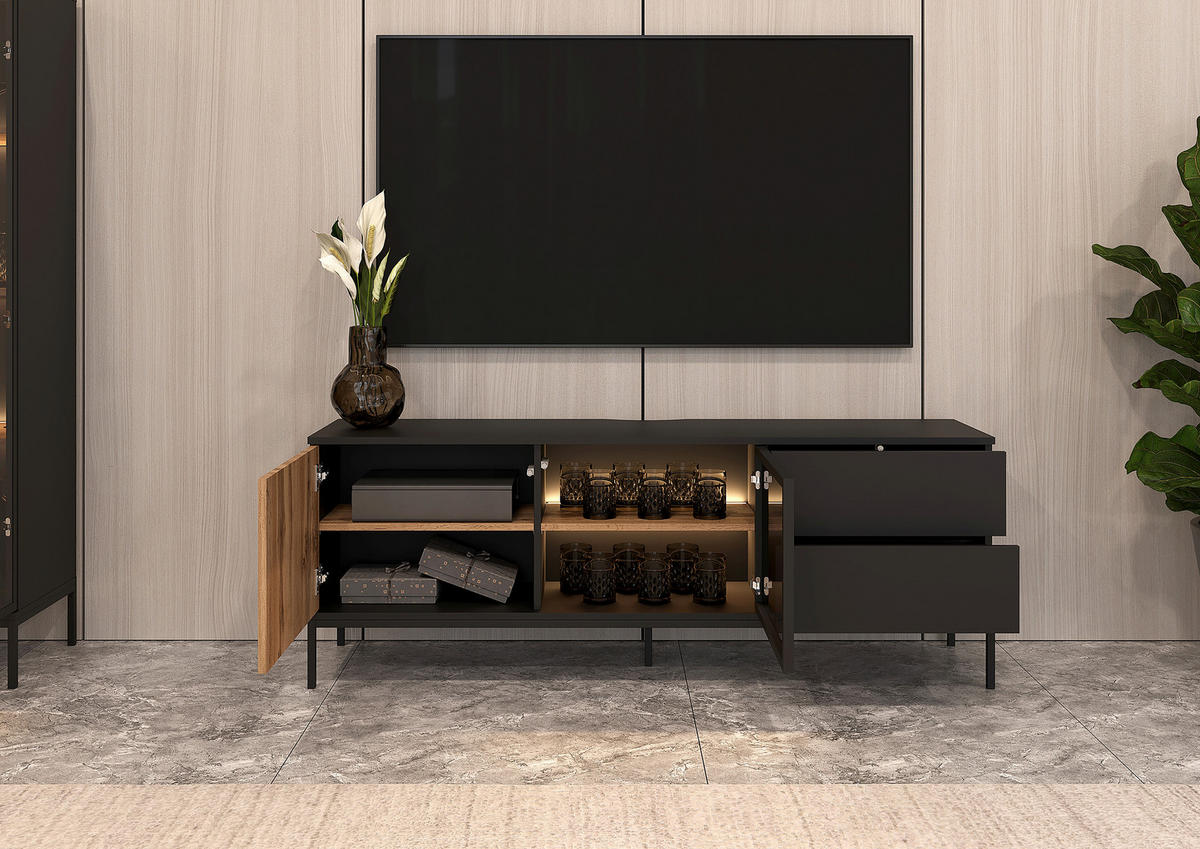 TV-BÄNK  153,6/56/38 cm 2 låda(or) modellutbud, möbler i samma serie finns att köpa till, stort utbud av tillbehör finns, stående, finns i olika storlekar, finns i olika trädekorer  - ek Wotan/svart, Klassisk, trämaterial/glas (153,6/56/38cm) - Xora