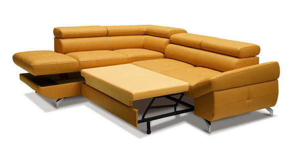 ECKSOFA Currygelb Echtleder  - Currygelb/Silberfarben, Design, Leder/Metall (220/270cm) - Novel