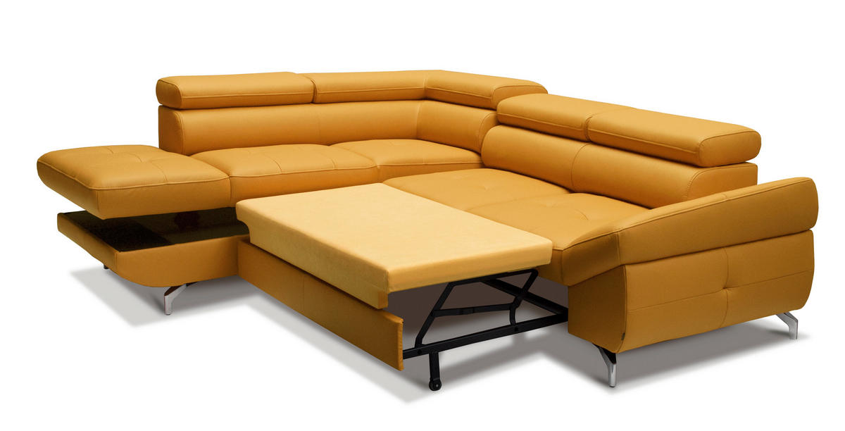 ECKSOFA in Echtleder Currygelb  - Currygelb/Silberfarben, Design, Leder/Metall (220/270cm) - Novel