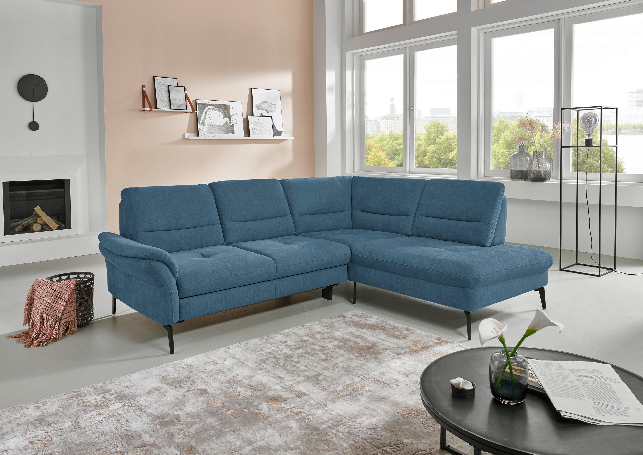 ECKSOFA in Webstoff Blau  - Blau/Schwarz, Design, Textil/Metall (256/206cm) - Beldomo System