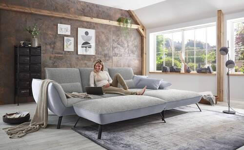ECKSOFA in Flachgewebe Hellgrau  - Hellgrau/Schwarz, Design, Textil/Metall (301/191cm) - Moderano