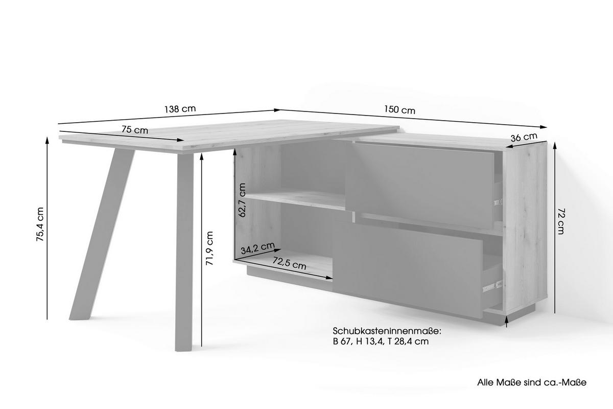 SCHREIBTISCH 138/150/75,4 cm Eichefarben   - Eichefarben/Schwarz, Modern, Holzwerkstoff (138/150/75,4cm) - MID.YOU