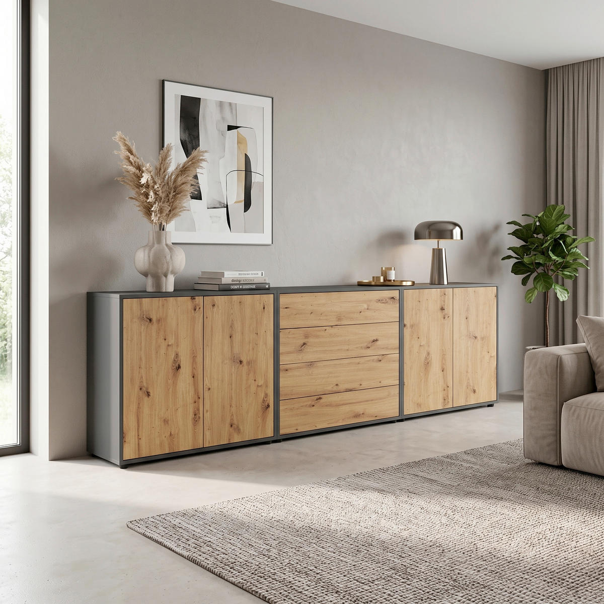 ŠIROKÁ KOMODA, antracitová, dub artisan, 237/73/33 cm - černá/antracitová, Moderní, kompozitní dřevo/plast (237/73/33cm) - MID.YOU