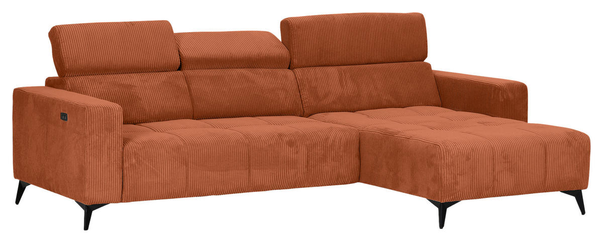 ECKSOFA Rostfarben Cord Rücken echt, Kopfteilverstellung, Sitzvorzug  - Rostfarben/Schwarz, KONVENTIONELL, Textil/Metall (257/170cm) - Carryhome