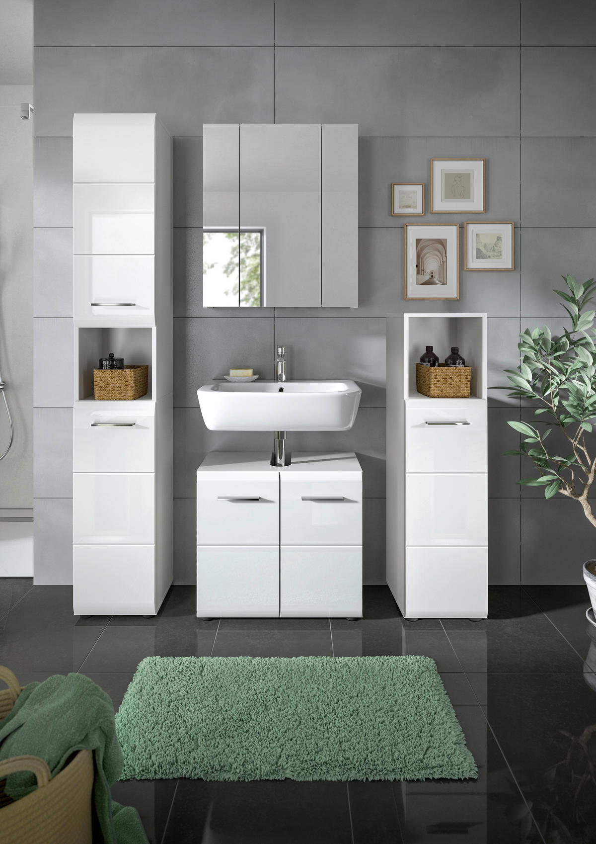 BADEZIMMER 4-teilig  in 120 cm  - Weiß Hochglanz/Silberfarben, MODERN, Holzwerkstoff/Kunststoff (120cm) - MID.YOU