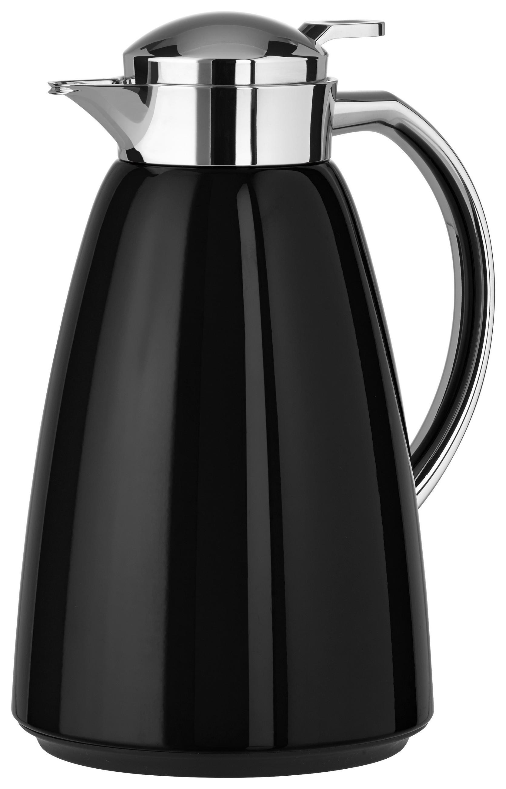 En termos i svart som är tillverkad av metall och plast och rymmer ca 1 liter