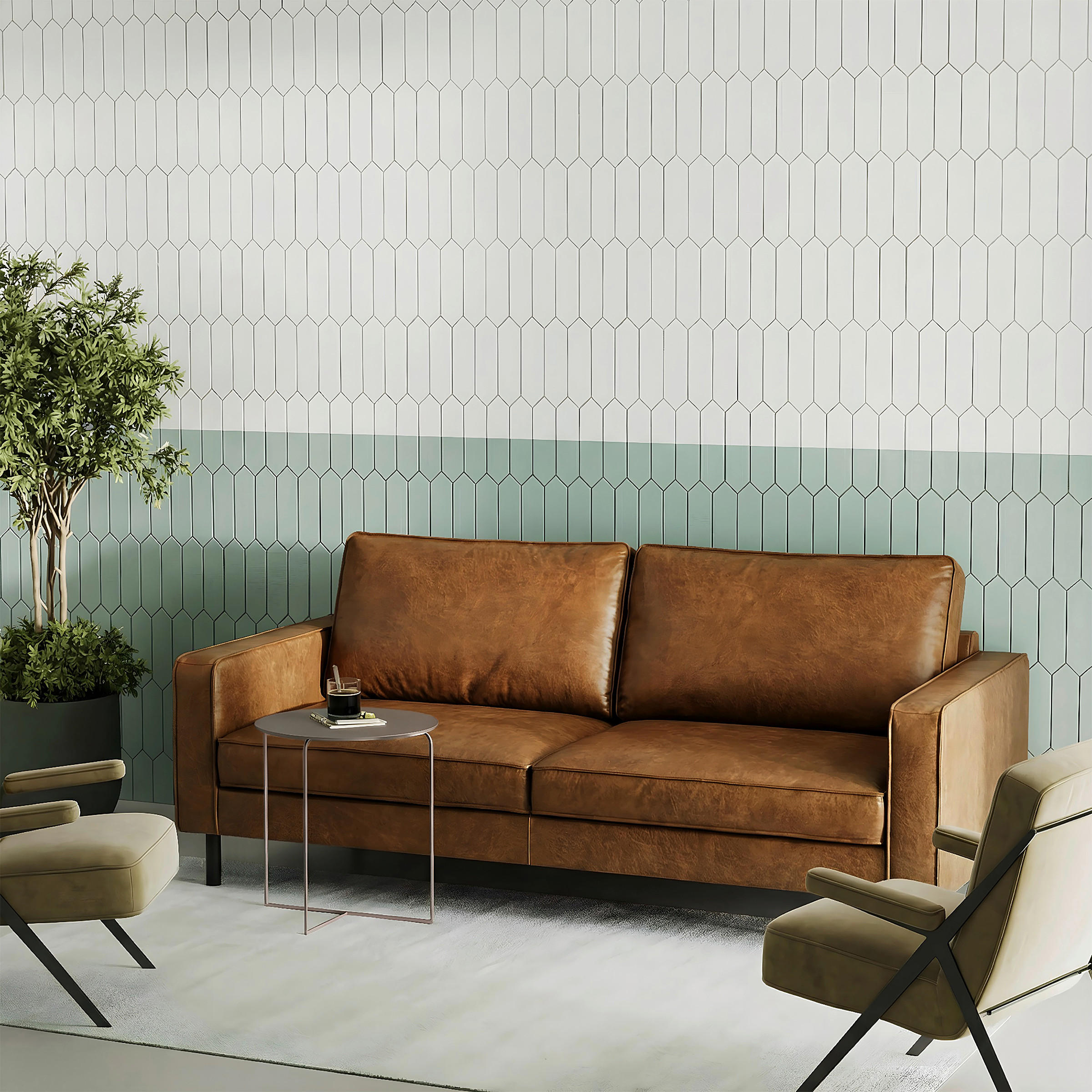 3-SITZER-SOFA Echtleder Lederlook Hellbraun  - Hellbraun/Schwarz, Design, Leder/Textil (188/85/92cm) - Livetastic