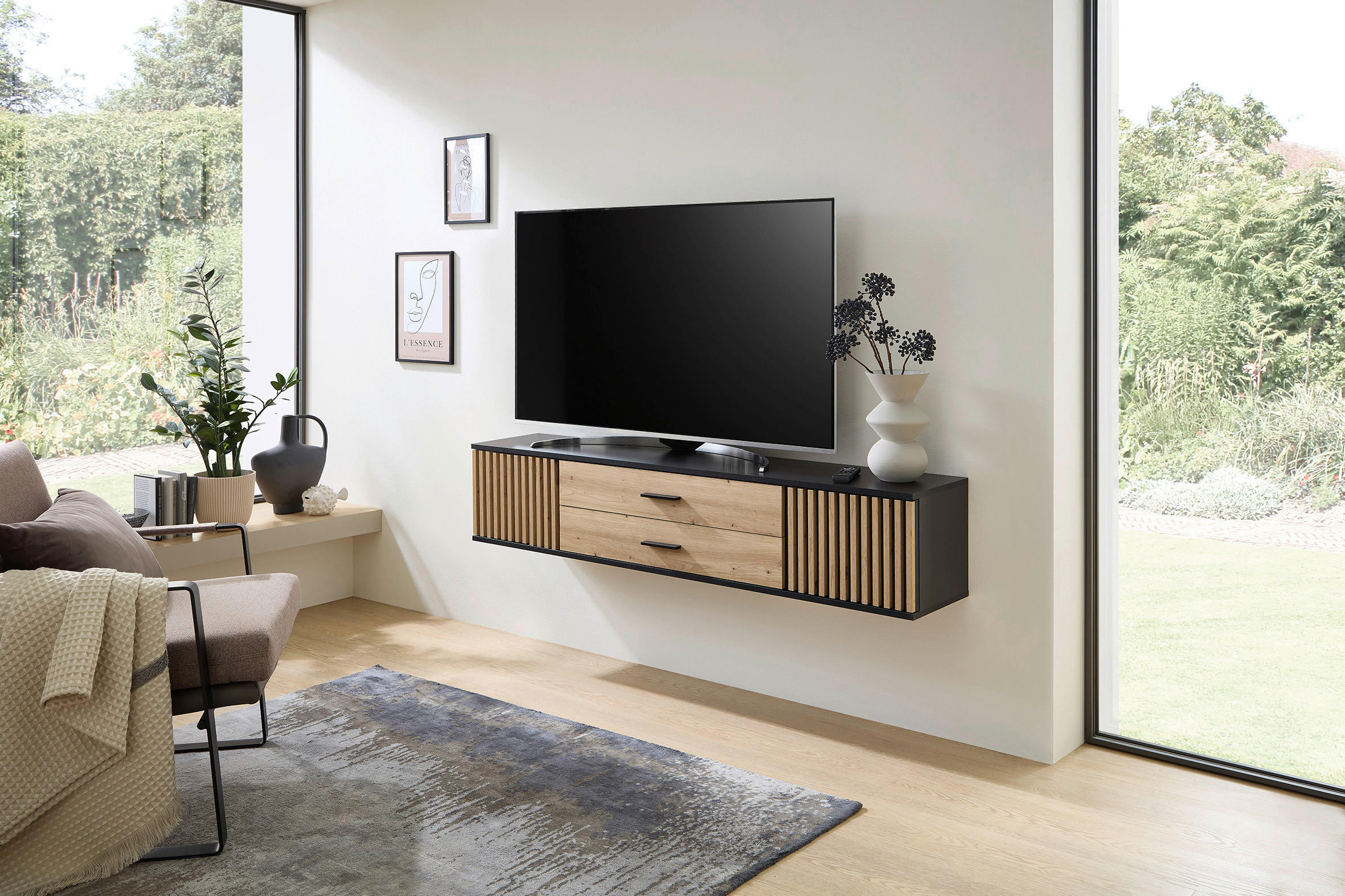 Thumbnail - Boxxx Lowboard, Schwarz, Eiche Artisan, Kunststoff, 2 Schubladen, 180x30x30 cm, stehend, hängend, Wohnzimmer, Wohnwände,...