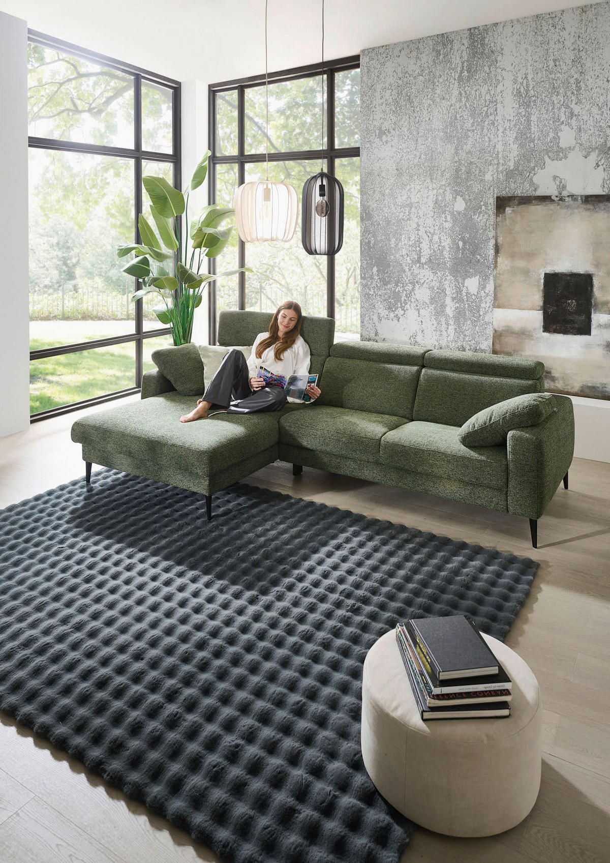 ECKSOFA Grün Chenille  - Schwarz/Grün, KONVENTIONELL, Textil/Metall (177/300cm) - Valdera