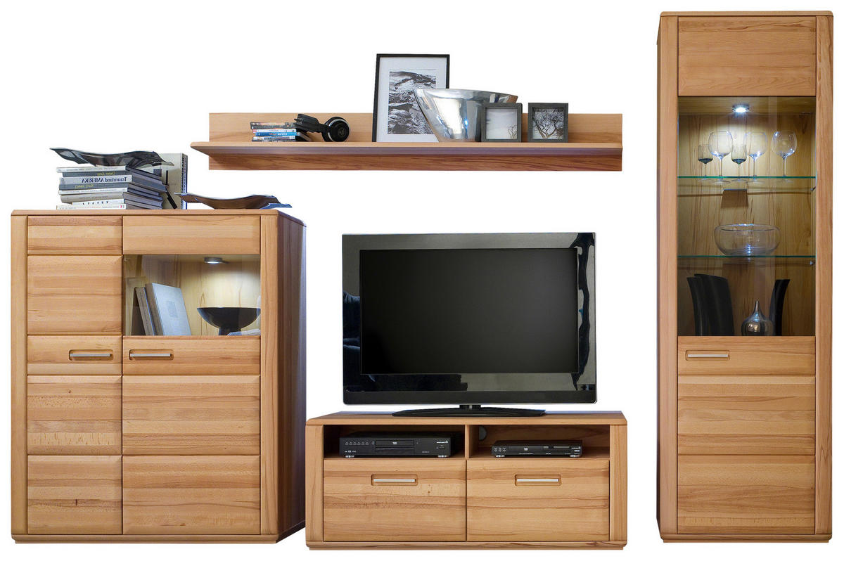 WOHNWAND La Paz  in Buchefarben  319/209/51 cm  - Buchefarben/Silberfarben, Design, Glas/Holz (319/209/51cm) - Livetastic