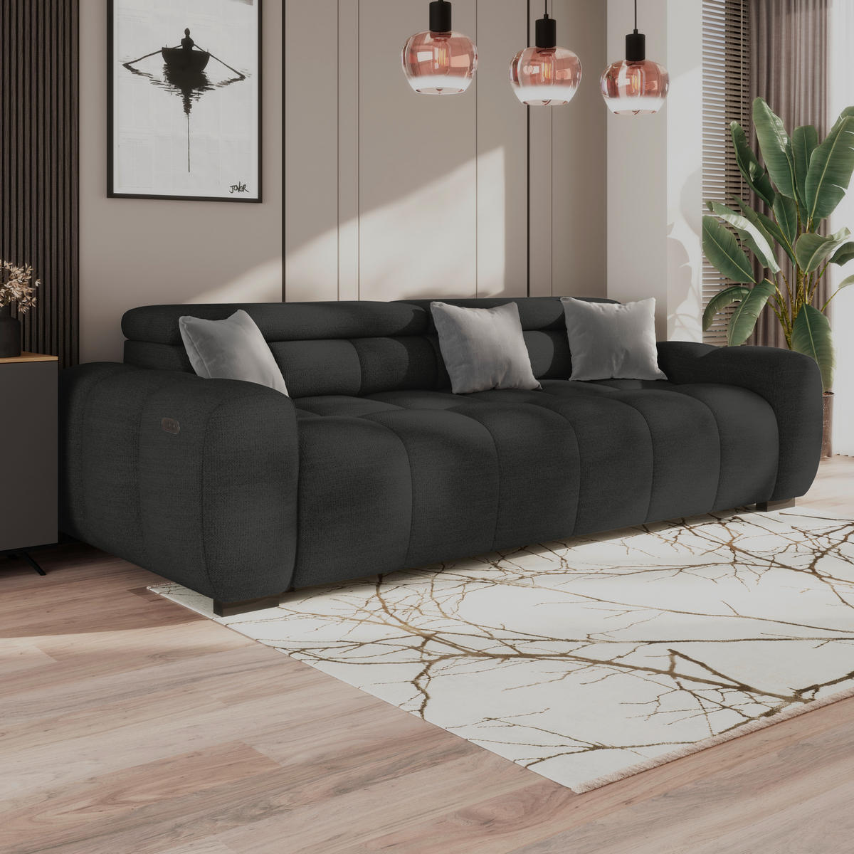 BIGSOFA inkl. mot. Funktion Webstoff Schwarz  - Schwarz, Design, Kunststoff/Textil (248/77-97/108cm) - Welnova