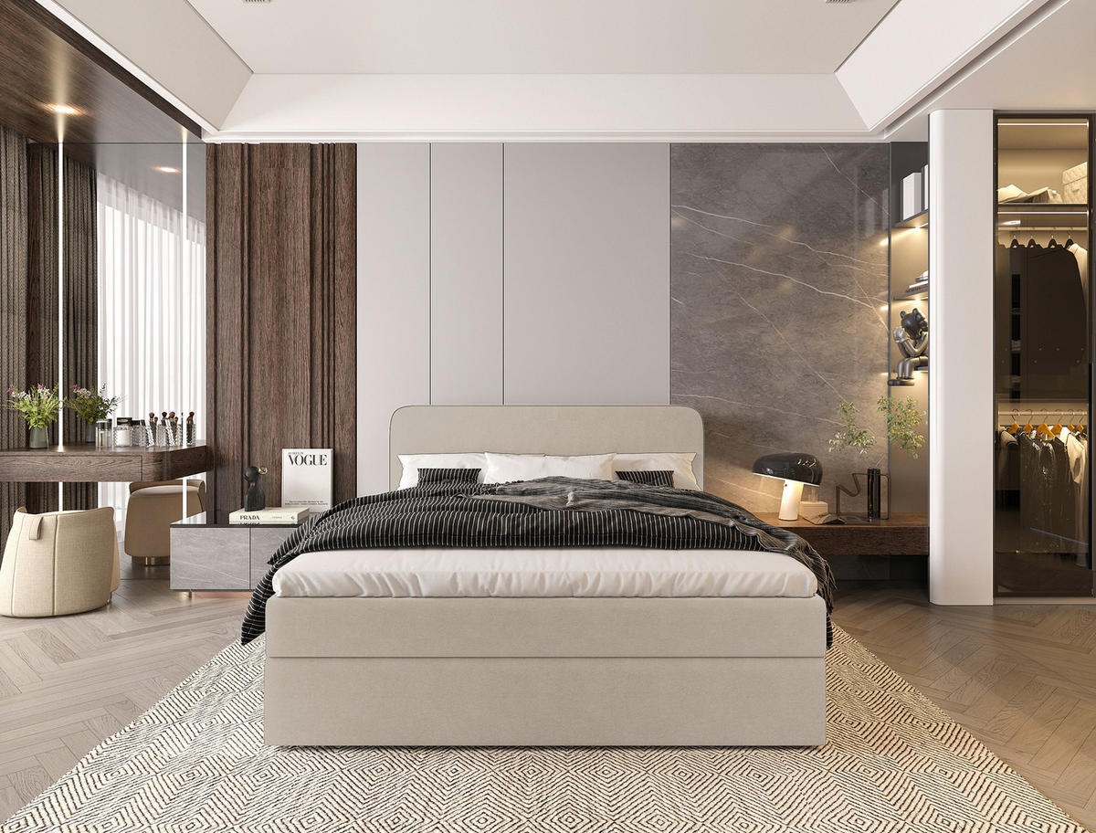 Pat Tip Boxspring Fără Arcuri, 180/200 cm, bej - bej/culoare natur, Modern, plastic/lemn (180/200cm) - MID.YOU