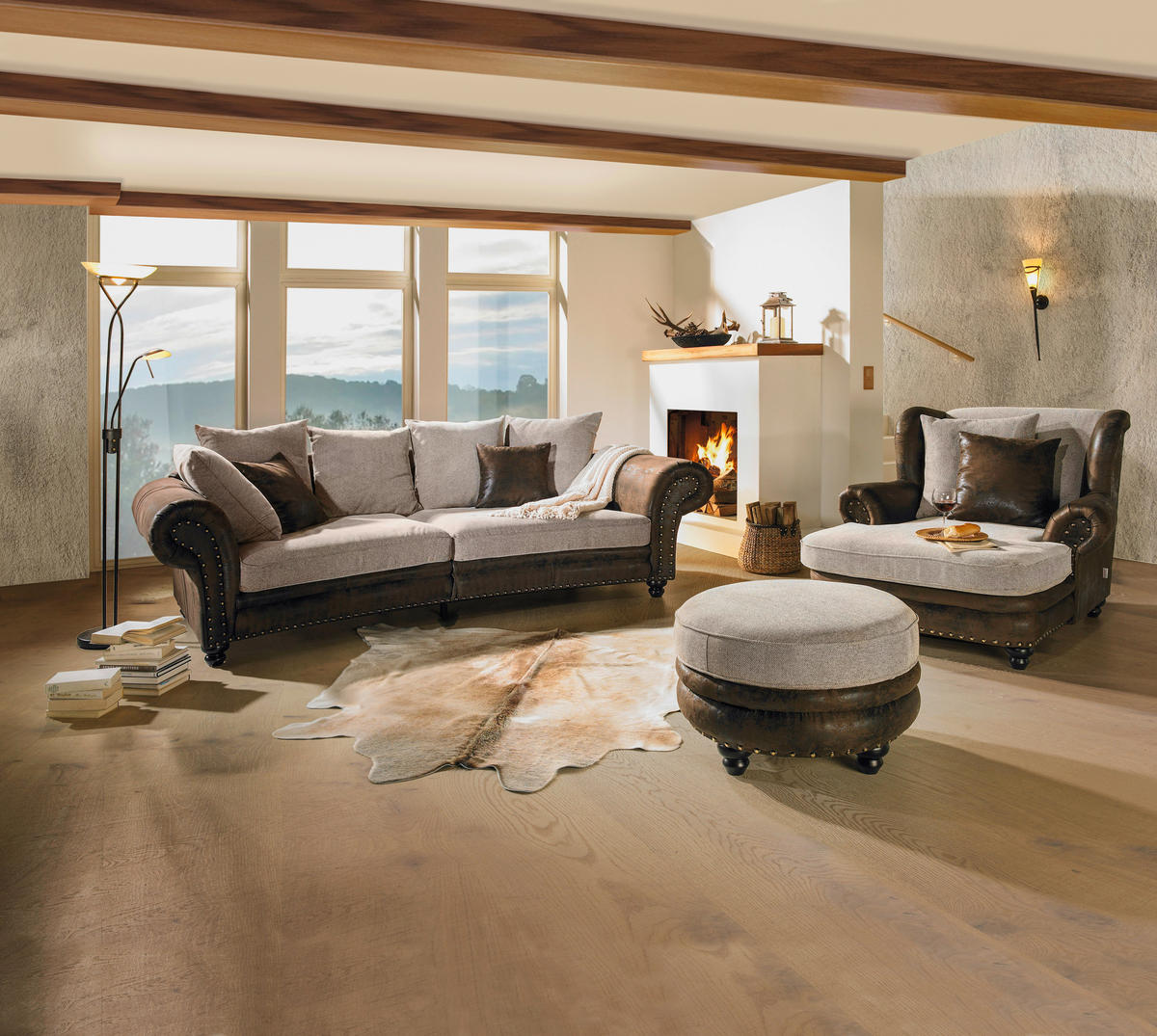 MEGASOFA in Lederlook, Webstoff Braun, Beige  - Beige/Schwarz, Romantik / Landhaus, Holz/Textil (276/81/140cm) - Landscape