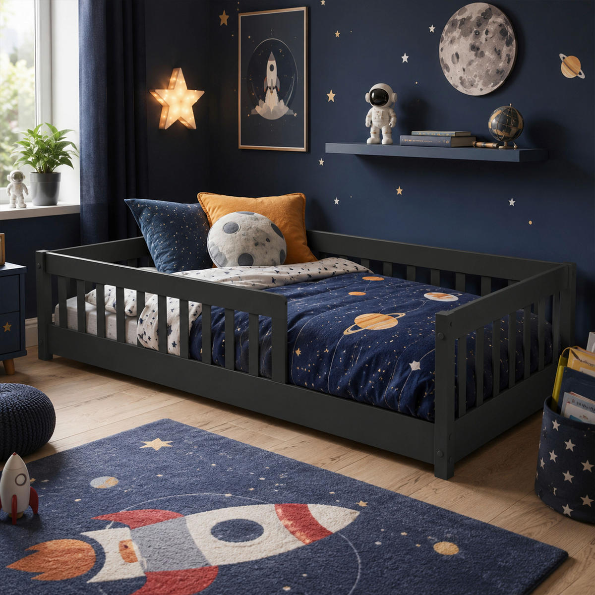 BODENBETT. 90/200 cm  in Anthrazit  - Anthrazit/Naturfarben, KONVENTIONELL, Holz (90/200cm) - Carryhome