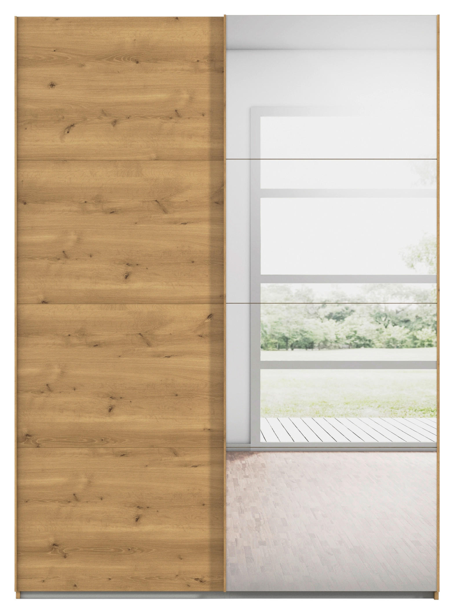 Thumbnail - Novel Schwebetürenschrank, Eiche, Holzwerkstoff, 4 Fächer, 162x223x68 cm, Blauer Engel, BQ - Bündnis für Qualität, Made ...